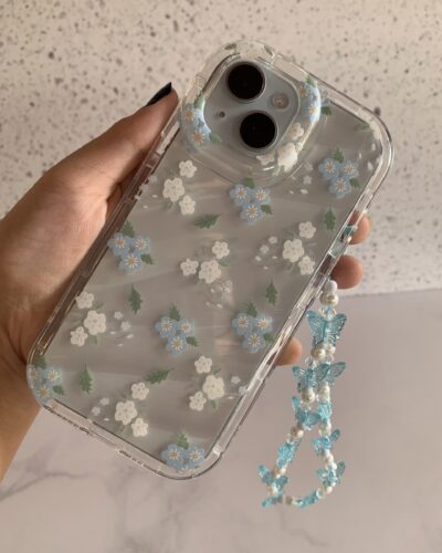 Case iPhone Antishock Sky Blue Flowers con Strap